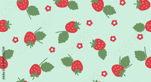 Flat Design Seamless Pattern with Cute Red Strawberries and Flowers for Food and Nature Themes