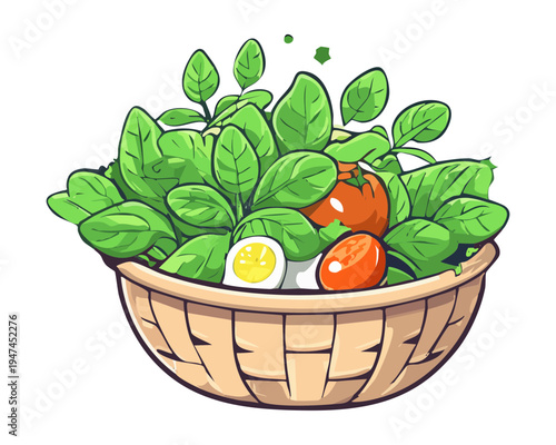 Fresh garden salad basket with tomatoes and leafy greens for farm to table organic food market branding - Vector Illustration