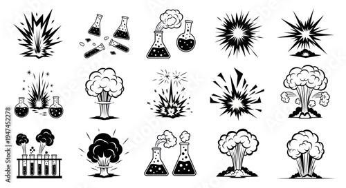 Science Chemistry Explosions  Reactions Glyph Icons Set - Black  White Lab Danger Symbols