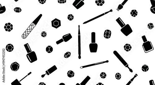 Black and White Glyph Seamless Pattern of Nail Care Tools and Manicure Supplies with Gems