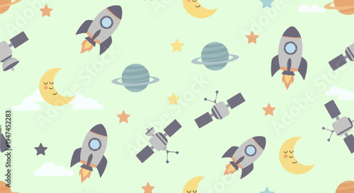 Cute Flat Cartoon Space Seamless Pattern for Kids with Rockets, Planets, Moons, Satellites