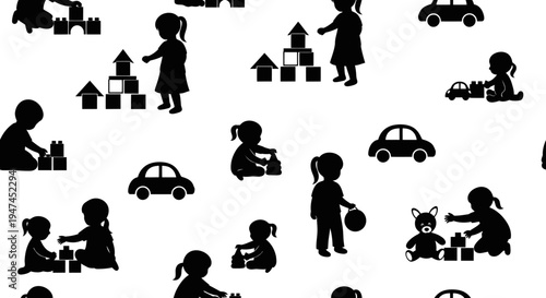 Childhood Play Seamless Pattern: Kids  Toddlers Playing with Toy Blocks, Cars Silhouette
