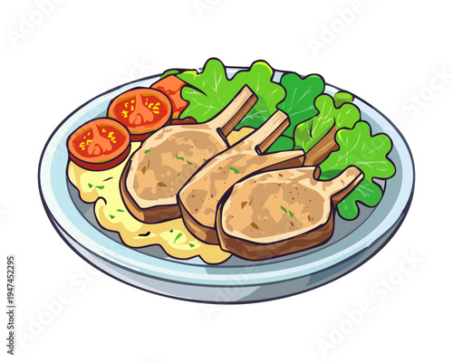 Grilled lamb chops with fresh salad and vegetable garnish on a plate for high protein gourmet dinner meal - Vector Illustration