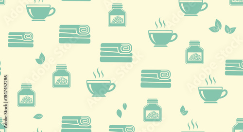 Spa Wellness Relaxation Flat Icons Seamless Pattern with Teacups, Towels and Jars