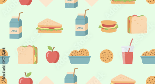 Flat Vector Food  Drink Pattern: School Lunch Items - Juice, Sandwich, Burger, Apple, Cookie