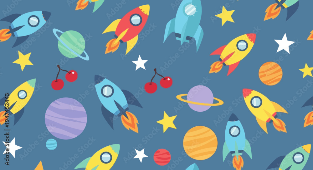 Naklejka premium Colorful Flat Design Space Rocket and Planet Seamless Pattern for Kids Vector Art