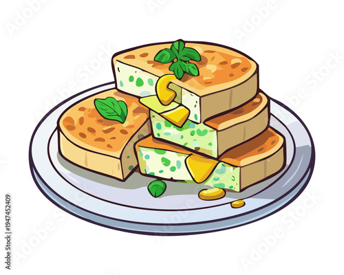 Round vegetable tart with herb garnish on a light green platter for party catering and vegetarian snacks - Vector Illustration