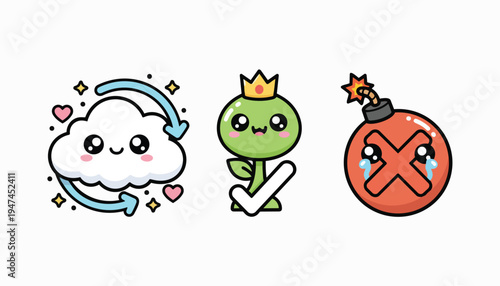 Three cute kawaii-style cartoon icons: a fluffy cloud with a refresh symbol and hearts, a crowned plant with a checkmark, and a bomb with a crying X.