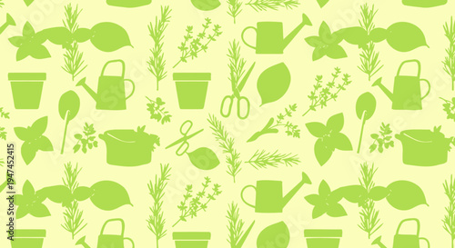 Gardening  Cooking: Green Herb and Tool Silhouettes Flat Vector Seamless Pattern