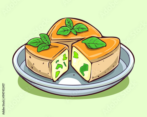 Sliced savory vegetable quiche with golden crust on a white plate for healthy brunch and bakery menu - Vector Illustration