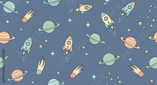 Space Exploration Industry Flat Cartoon Seamless Pattern: Planets, Rockets, Comets, Stars