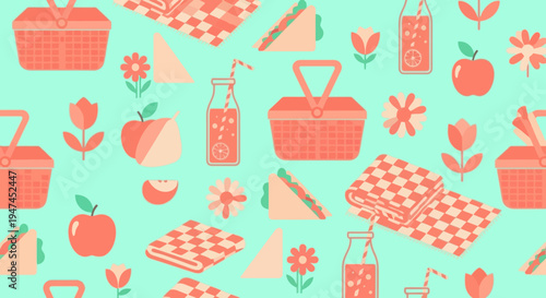 Summer Picnic Flat Design Seamless Pattern with Baskets, Food, Drinks, and Flowers