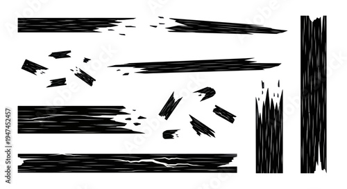 Black  White Wood Splinters and Broken Planks Glyph Set for Construction, Carpentry, Damage