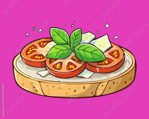 Bruschetta with sliced tomatoes and fresh basil on crusty bread for authentic Italian appetizer and party snack - Vector Illustration