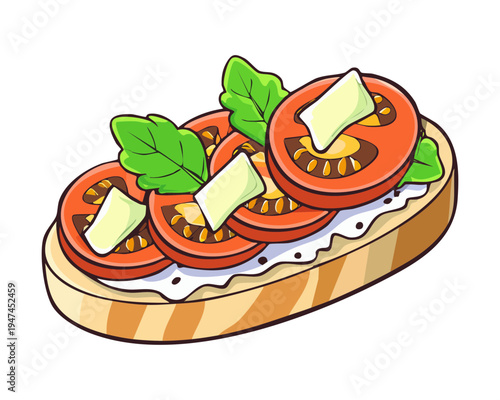 Tomato and mozzarella bruschetta with balsamic glaze on a white plate for elegant Mediterranean starter and catering - Vector Illustration