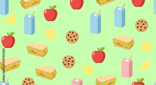 Food Industry Flat Vector Seamless Pattern: Kids' School Lunch Snacks - Apples, Sandwiches