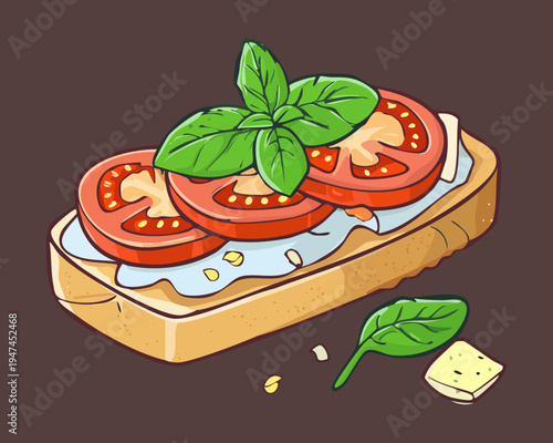 Toasted bread topped with fresh tomatoes and aromatic herbs on a dark board for rustic restaurant menu design - Vector Illustration