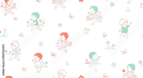 Childhood Hand-Drawn Line Art Illustration: Playful Babies and Toddlers with Flowers and Butterflies