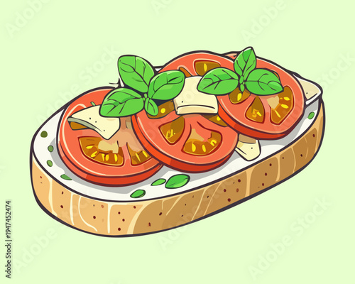 Artisanal bruschetta with cherry tomatoes and basil leaves on a light green background for trendy food blog graphics - Vector Illustration