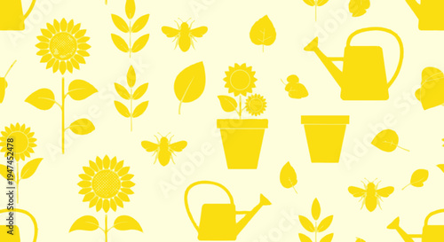 Seamless Pattern of Flat Yellow Gardening  Nature Glyph Icons for Spring Background