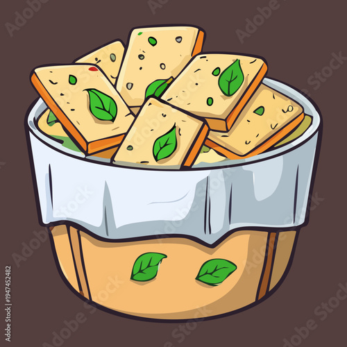 Basket of crunchy bread cubes and fresh herbs for rustic kitchen appetizer and traditional bakery snack options - Vector Illustration