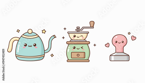 Cute kawaii kitchen appliances set vector illustration