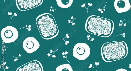 Food  Drink Outline Flat Pattern: Fried Eggs, Avocado Toast  Greenery