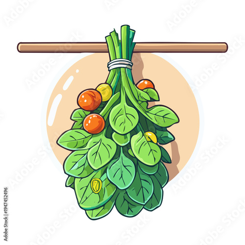 Fresh basil sprigs hanging from a wooden support for organic herb garden and culinary seasoning product design - Vector Illustration