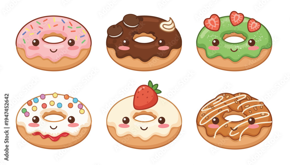 Obraz premium A delightful collection of six kawaii-style donuts, each with a unique frosting and topping, presented in a charming and colorful illustration.