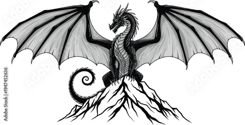 Majestic dragon with wings standing on mountain peak, fantasy mythical creature illustration, powerful medieval dragon symbol design