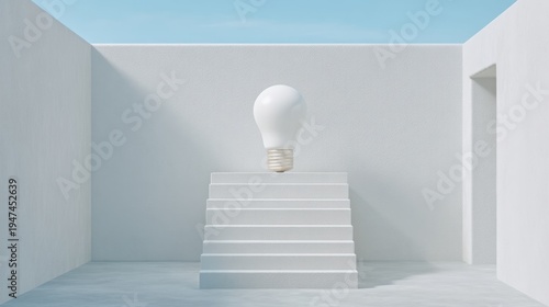 Conceptual image of light bulb floating above white staircase in minimalist interior space under clear blue sky
