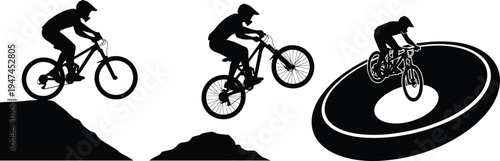 Mountain bike rider silhouette set performing jump and downhill cycling action, extreme sport bicycle illustration isolated on white background