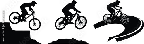 Mountain bike rider silhouette set, cyclist jumping, riding and downhill biking action, extreme sport bicycle vector illustration collection