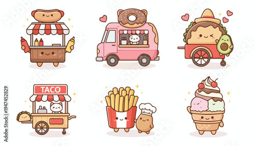 A charming collection of kawaii-style food trucks and carts, featuring adorable anthropomorphic food items and sweet treats.