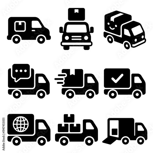 Set of delivery truck and van vector icons for logistics and shipping services.