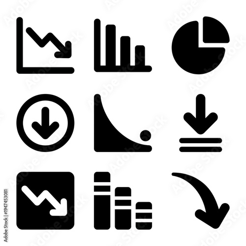 Set of black decline icons showing business failure and data reduction.