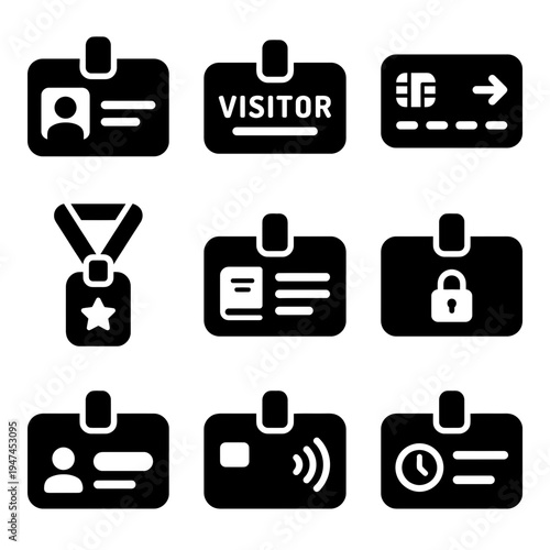 Solid glyph icon set of identification cards and access badges for security and identity verification.