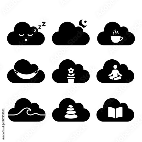 A collection of black cloud icons representing relaxation sleep meditation and self care concepts.