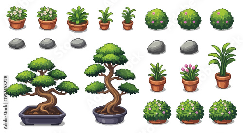 A diverse collection of pixel art isometric potted plants, lush bonsai trees, and various grey rocks, suitable for game environments or garden designs.