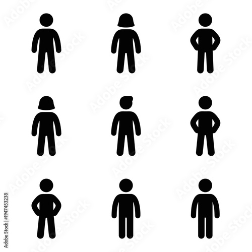 Set of nine simple black human figure icons on a white background.
