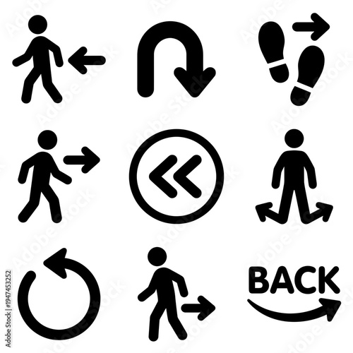 Set of black glyph icons for backward movement and return direction.
