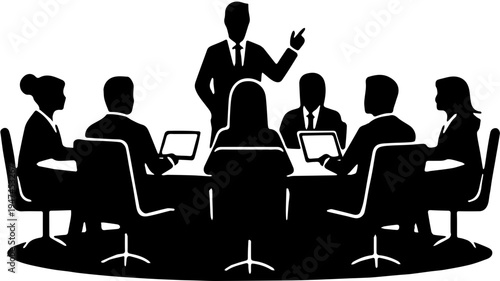 Business silhouettes of people in a board meeting around a table, with a speaker presenting
