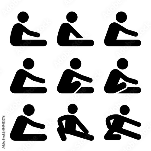 Set of stick figure pictograms showing various stretching exercises and poses for flexibility and warm up.