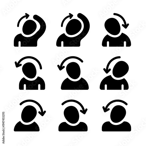 Neck Exercise and Stretching Glyph Icon Set for Physical Therapy.