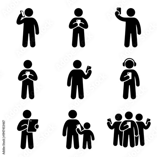 Stick figure people using smartphones and tablets icon set.
