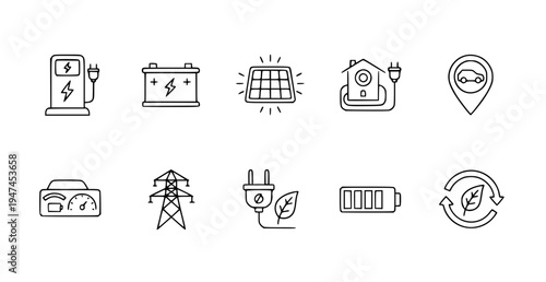 A set of vector icons illustrating various sustainable energy concepts and symbols