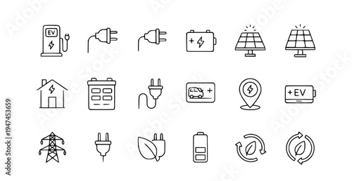 A set of minimalist icons representing eco-friendly energy solutions and electric vehicles