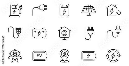 A set of minimalist icons representing electric power and energy concepts