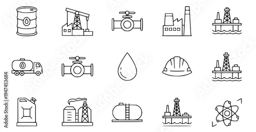 A set of black and white line art icons depicting various industrial and oil related symbols and equipment