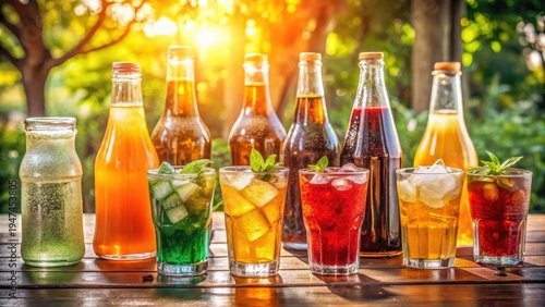A photo of a colorful array of soft drink bottles and glasses with sweet drinks and ice cubes on a table